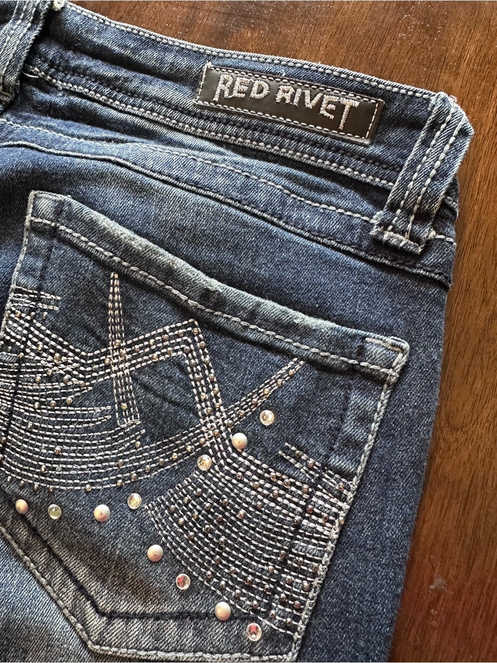 Red Rivet Size 13 Skinny Jeans Blue Denim Rhinestone Embellished Pockets Y2K - Picture 10 of 13